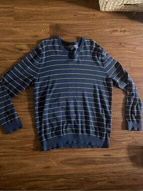 Old Navy Navy and Yellow Striped V-Neck Sweater